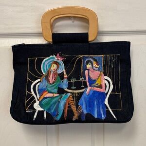 Hand Painted Artistic Denim Tote HandBag with Wooden Handles